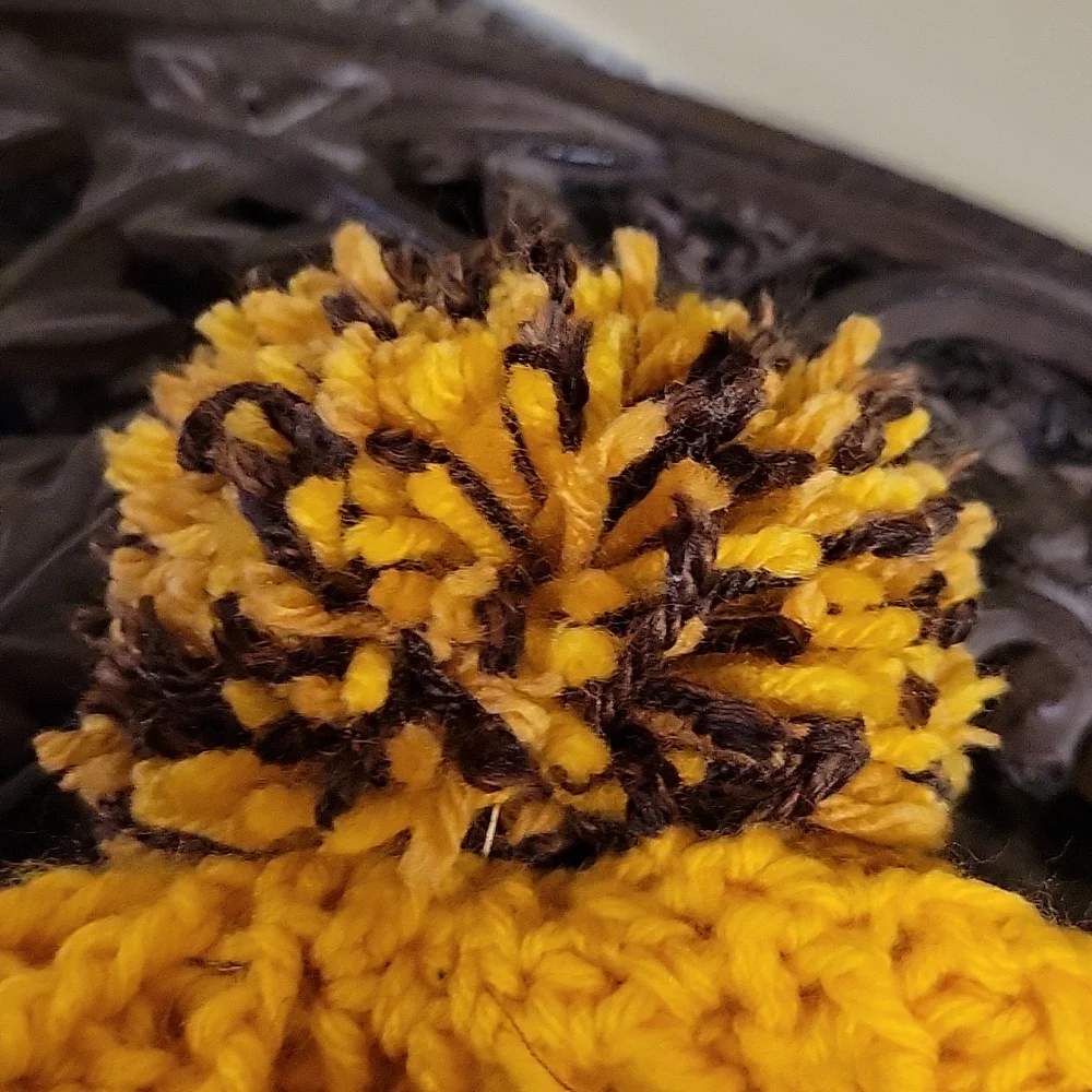 Handmade pom-pom hat beanie with fleece lining at ears crochet